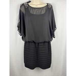 R&M Richards Black Blouson Dress | Women’s 10 | Rhinestone Shoulders